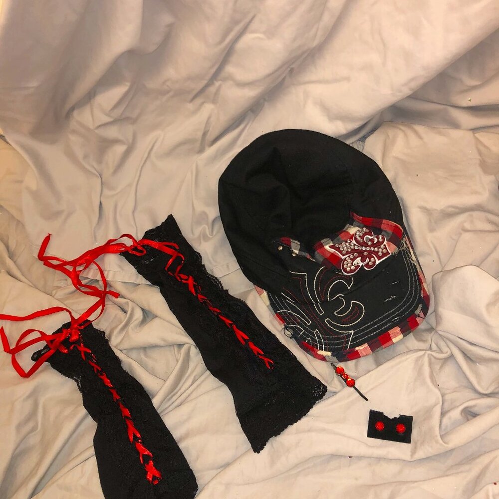 bundle Red, black, and sparkle hat, earring set, hairclip, lace ribbon gloves